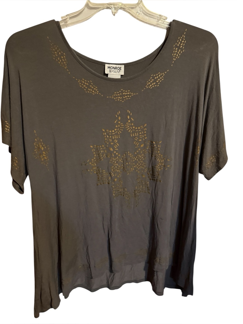 Monroe & Main Olive Green Short-Sleeve Top with Gold Cutout Detail